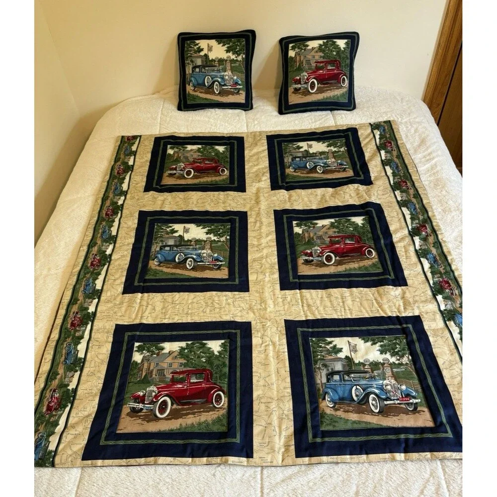 Vintage Handmade Quilted Vintage Antique Cars Throw Blanket and Pillows 42x50